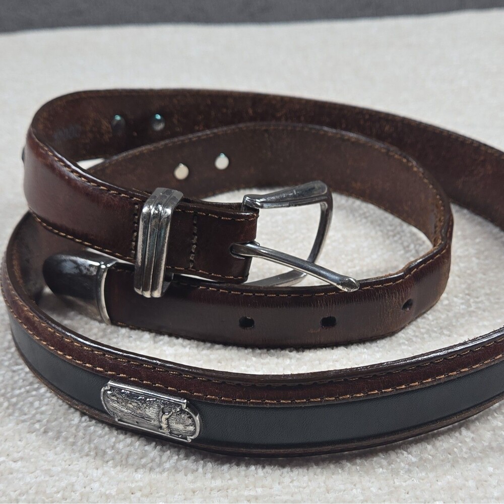 Onyx By Brighton Brown & Black Leather Silver Tone Golf Medallions Belt Size 38